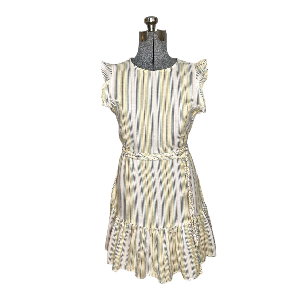 Marine Layer Laney Ruffle Linen Blend Beachy Stripe Mini Dress Small